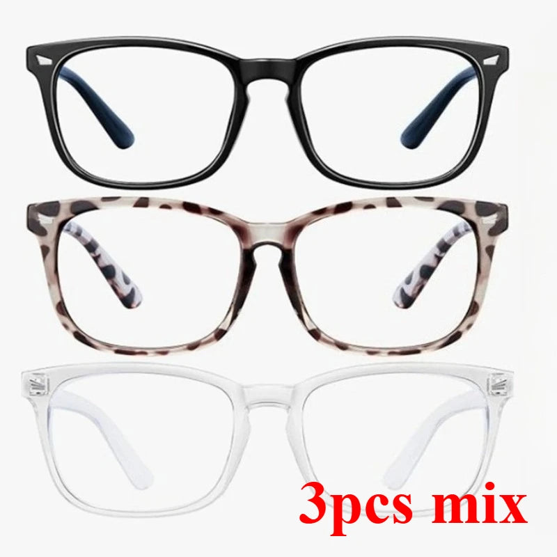 A collection of three pairs of retro anti-blue light square eyeglasses in black, brown, and clear frames.
