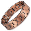 A close-up view of a copper magnetic therapy bracelet with hexagonal links and a rectangular clasp.