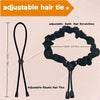 Black satin hair scrunchies and adjustable elastic hair ties shown with dimensions.