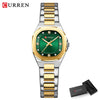 Silber-goldfaruener Quarzwachschuh mit grünem Zifferblatt und Metallarmband.