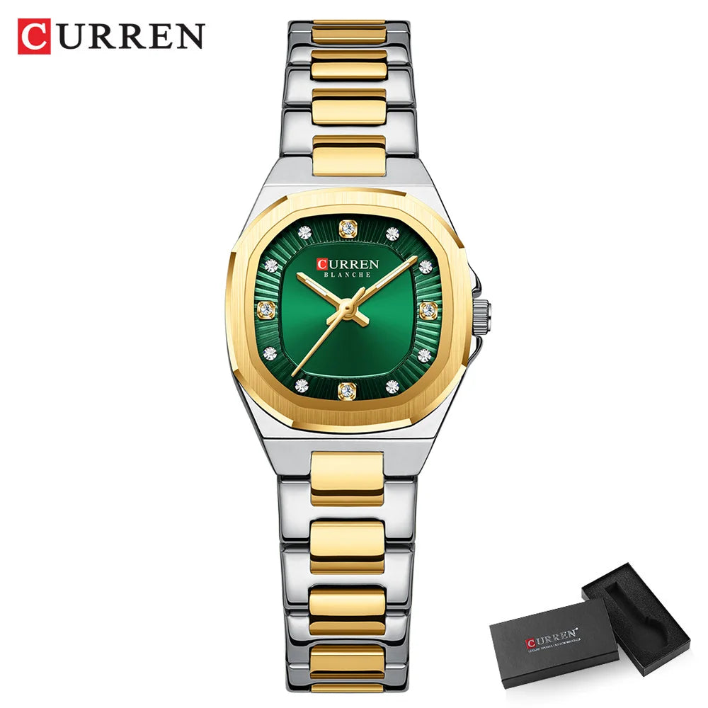 Silber-goldfaruener Quarzwachschuh mit grünem Zifferblatt und Metallarmband.
