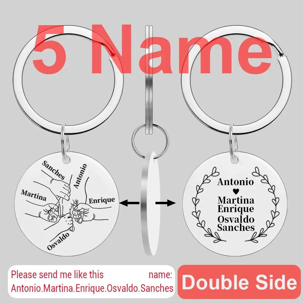 Double side personalized stainless steel keychain featuring names of family members