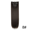 A bundle of long, straight, dark brown hair extensions with decorative clips.