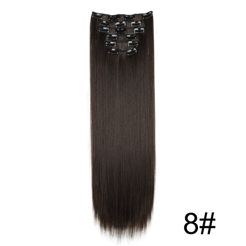 A bundle of long, straight, dark brown hair extensions with decorative clips.
