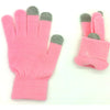 A pair of pink knit gloves with gray fingertips shown against a white background.