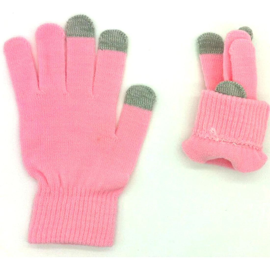 A pair of pink knit gloves with gray fingertips shown against a white background.