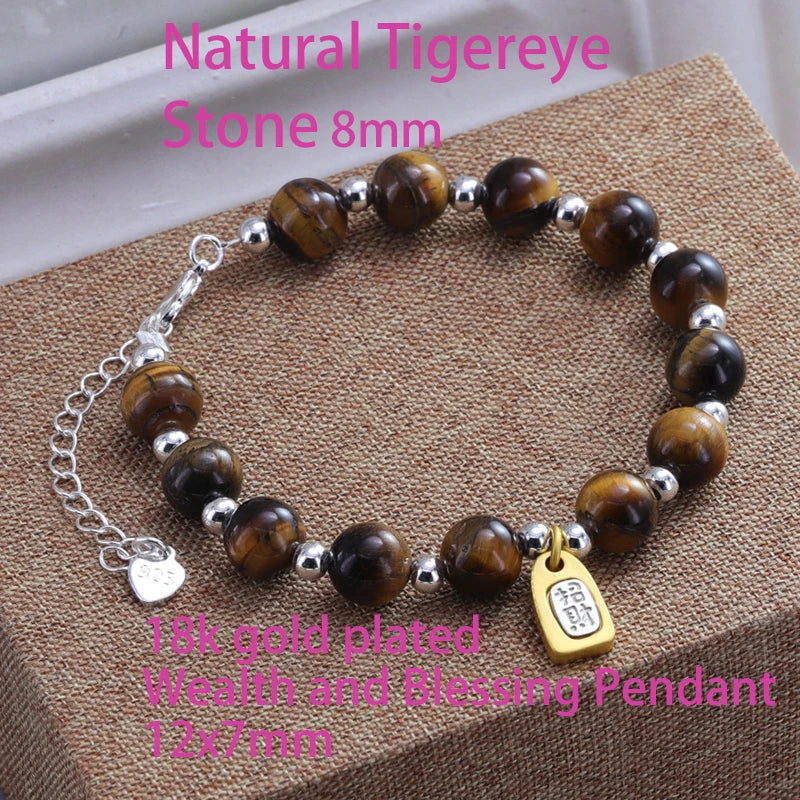 Natural Tigereye Stone 8mm bracelet with gold plated pendant and double heart charm
