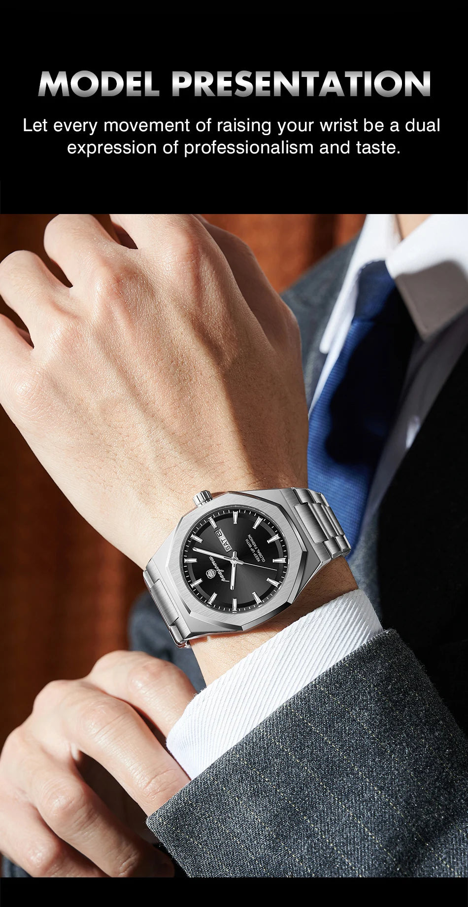 A close-up of a stainless steel luminous quartz watch worn on a wrist, displayed against a suit jacket.