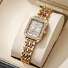A gold-toned rhinestone quartz wristwatch with a square face and metal band displayed on a light background.