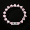 A sparkling pink heart rhinestone necklace and bracelet set displayed against a black background.