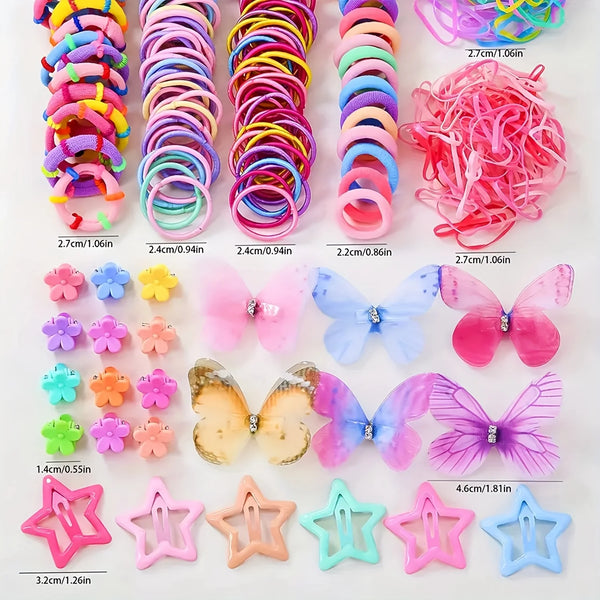 A colorful decorative hair accessories set featuring various pink, purple, and blue elastic hair ties and butterfly clips.