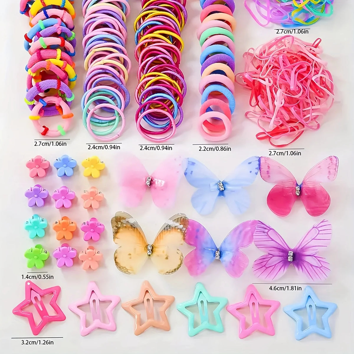 A colorful decorative hair accessories set featuring various pink, purple, and blue elastic hair ties and butterfly clips.
