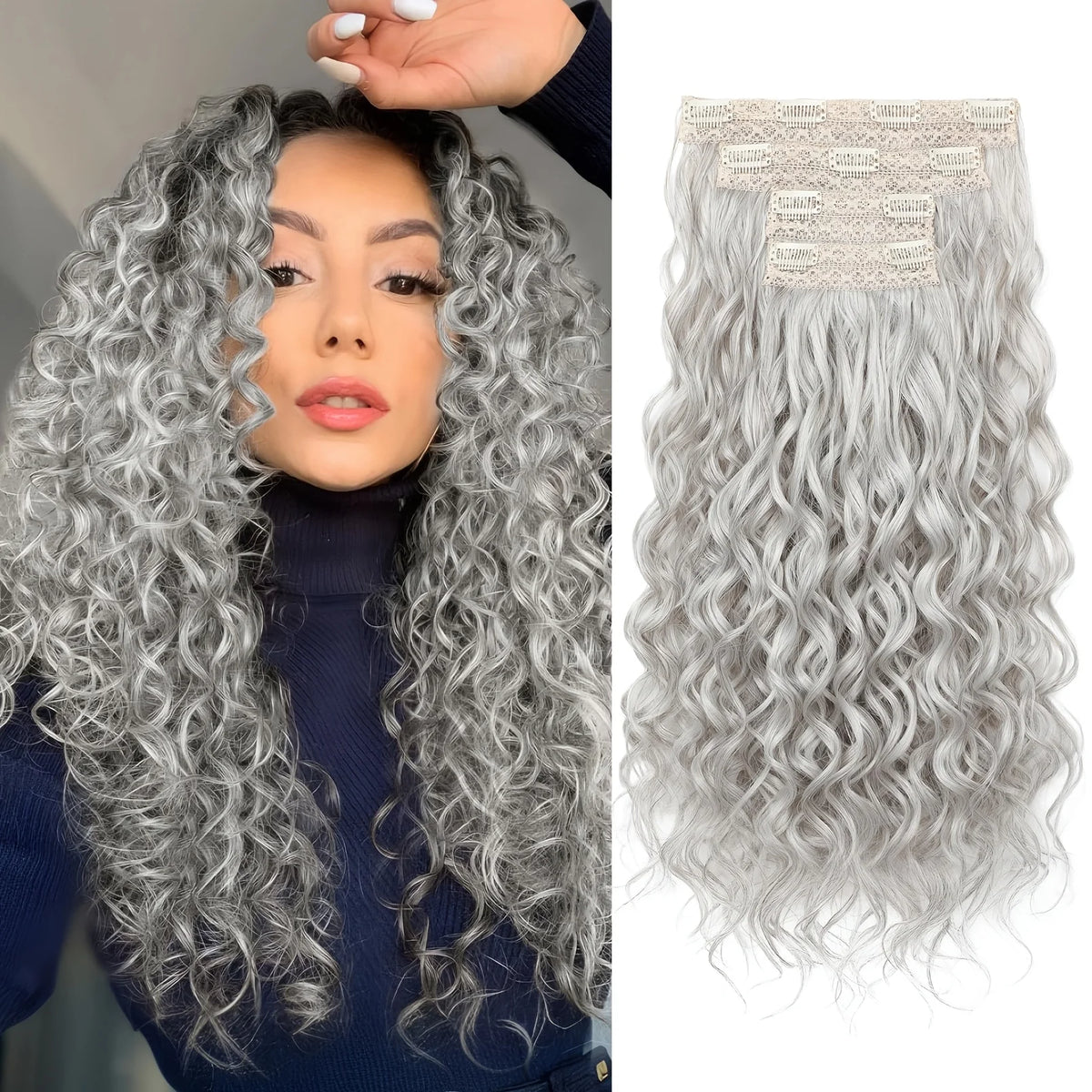 A bundle of light gray synthetic hair extensions for curly and wavy hair, shown on a model's head.