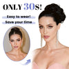 A model shows a sleek black chignon hairstyle with long silver drop earrings, advertised for easy wear.