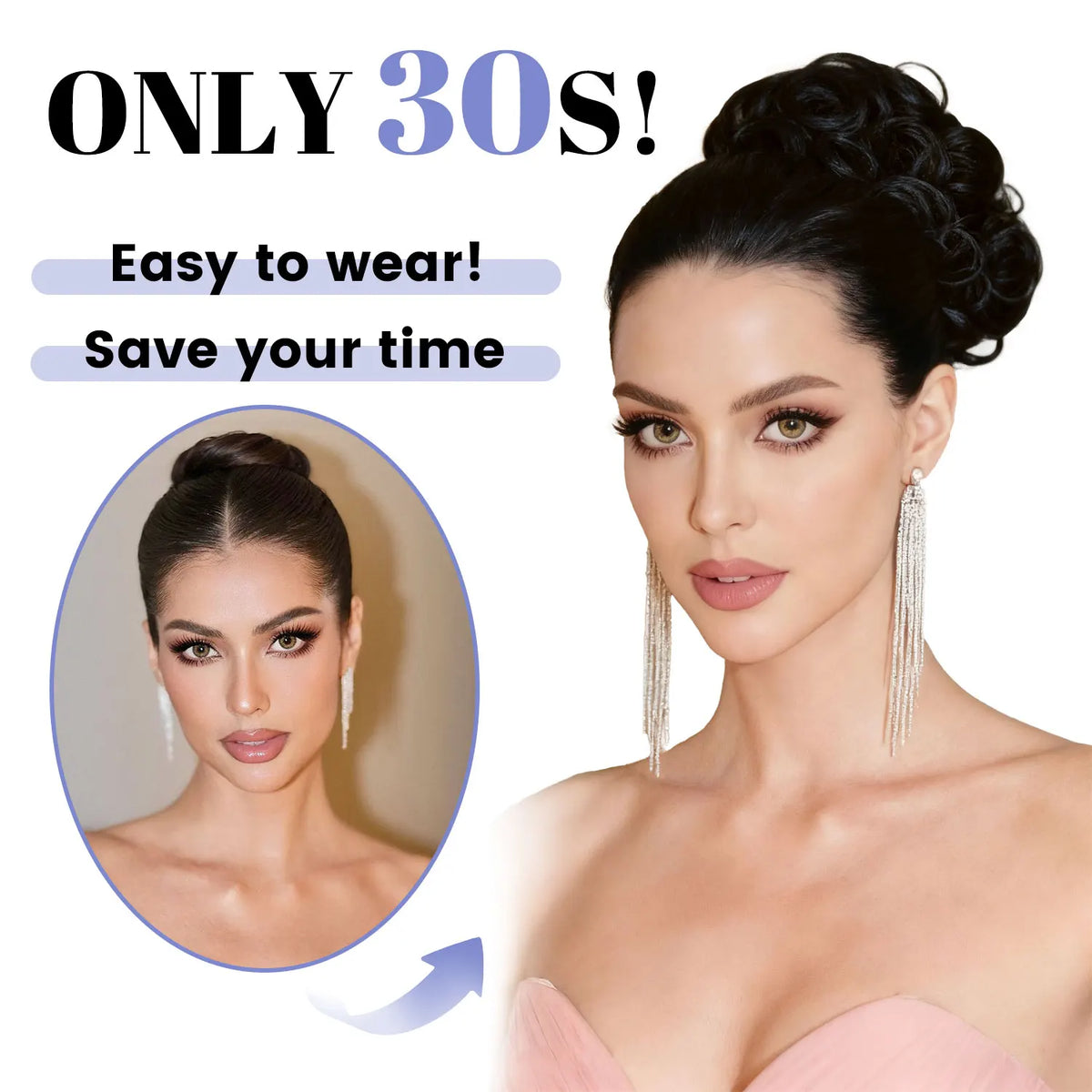 A model shows a sleek black chignon hairstyle with long silver drop earrings, advertised for easy wear.