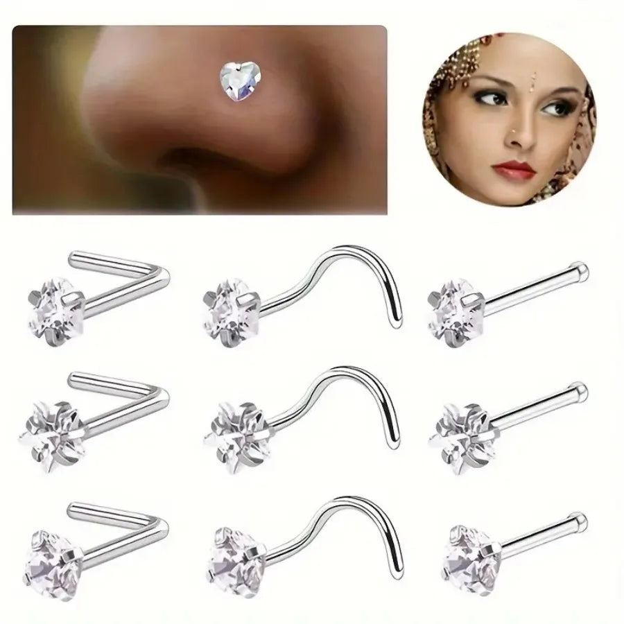 Three pieces of heart star zirconia nostril stud earrings shown in various angles