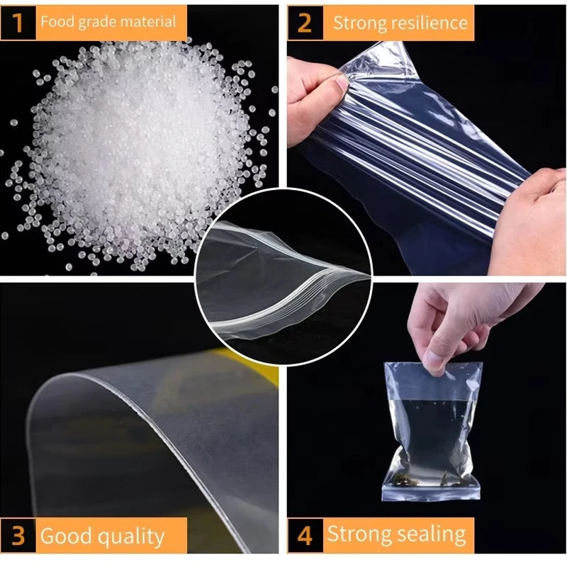 Four panels showing food grade material, strong resilience, good quality, and strong sealing of clear zip lock storage bags.
