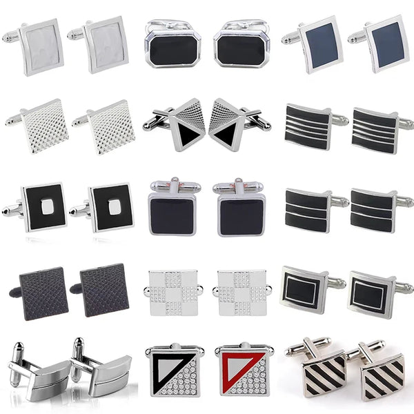 A collection of classic square striped men's cufflinks in silver and black finishes.