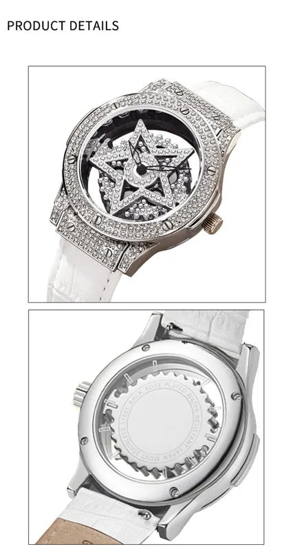A close-up of a silver watch with a diamond-encrusted rotating star design on the face and a white leather strap.
