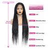 A long black braided wig with full lace features is displayed on a mannequin.