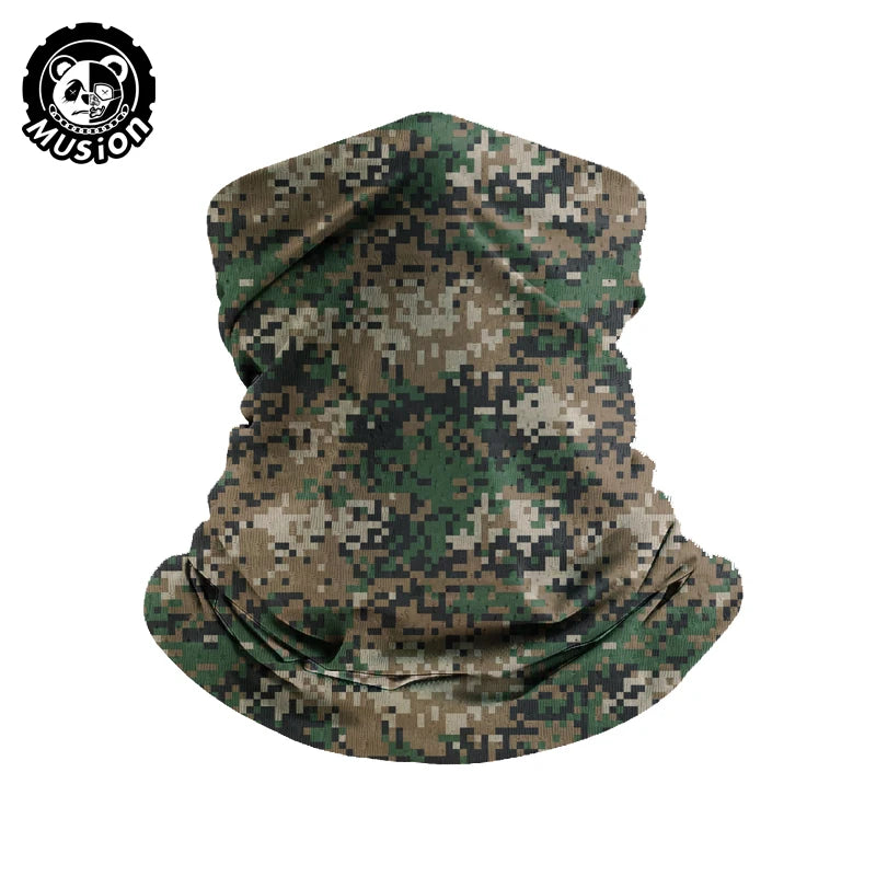 A camouflage patterned scarf or mask for motorcycle and outdoor use.