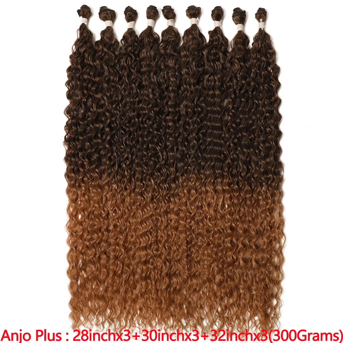 A bundle of long curly hair extensions featuring a dark brown to lighter brown ombre color transition.