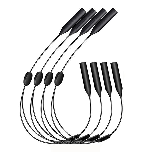 A set of black adjustable silicone eyewear straps for glasses and sunglasses