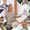 A collage showing various elderly people engaging in different activities like work, play, reading, leisure, and sleep, with 