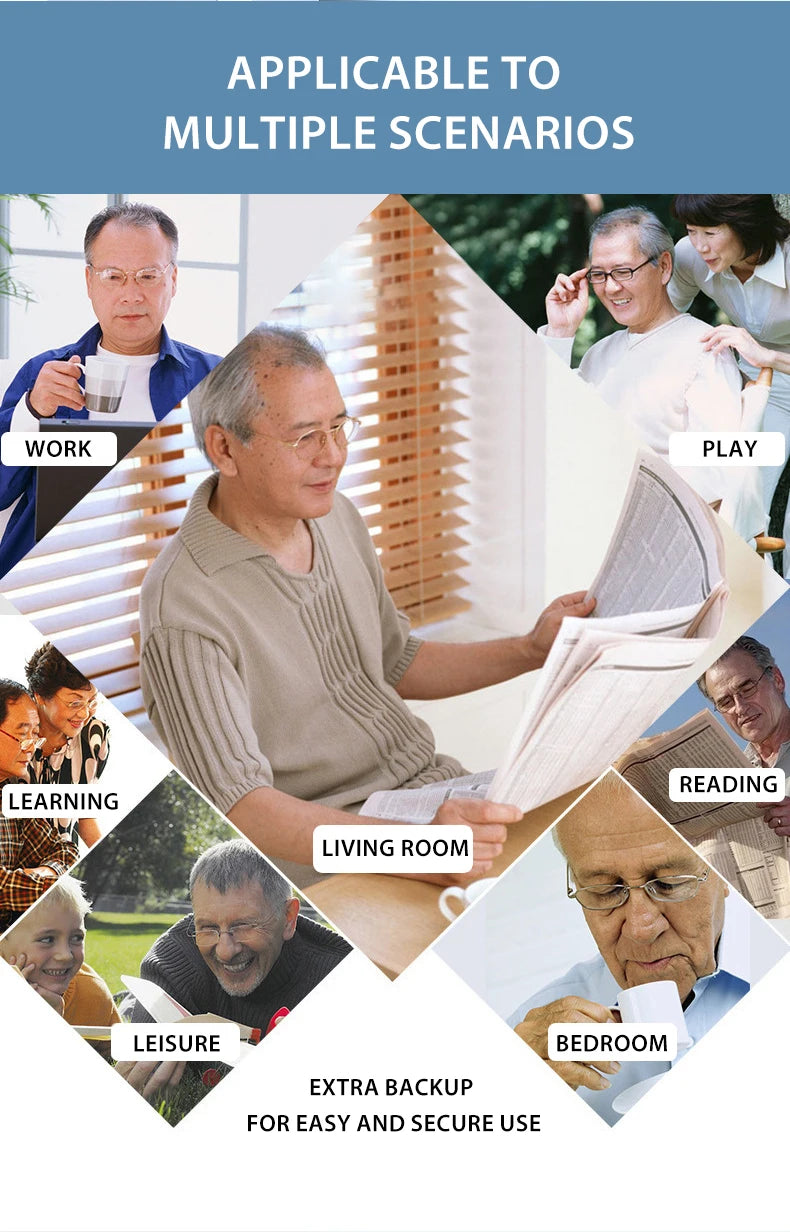 A collage showing various elderly people engaging in different activities like work, play, reading, leisure, and sleep, with 