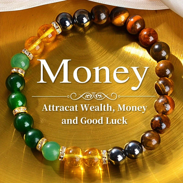 A bracelet made of citrine and tiger's eye stones is displayed on a gold background.