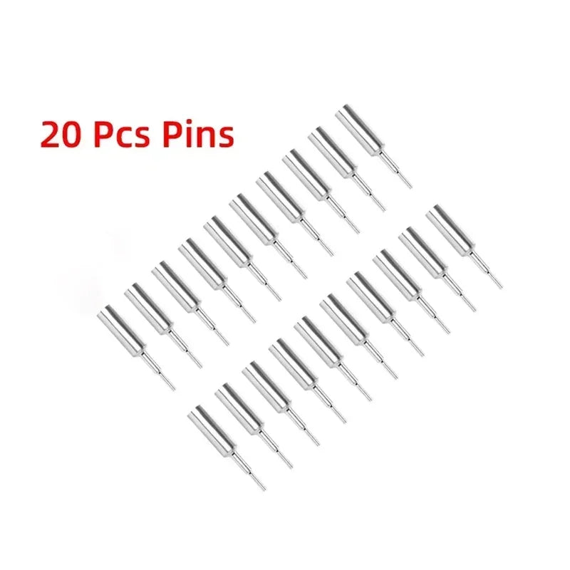 A set of 20 precision watch link pins for removal tools.