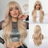 A model showcases a long, wavy sandy blonde wig with bangs and a silver top, displayed alongside a separate wig view.