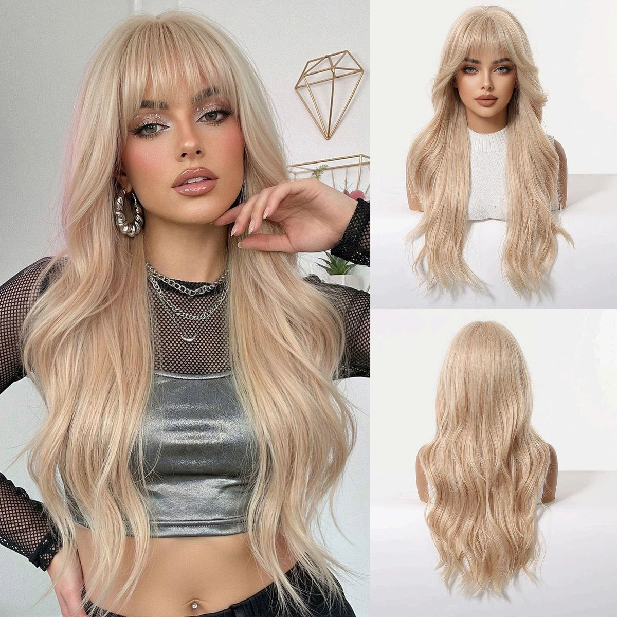 A model showcases a long, wavy sandy blonde wig with bangs and a silver top, displayed alongside a separate wig view.