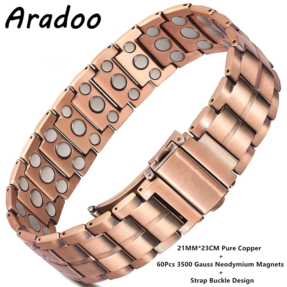 A copper magnetic bracelet featuring 60 pieces of neodymium magnets and a strap buckle design.