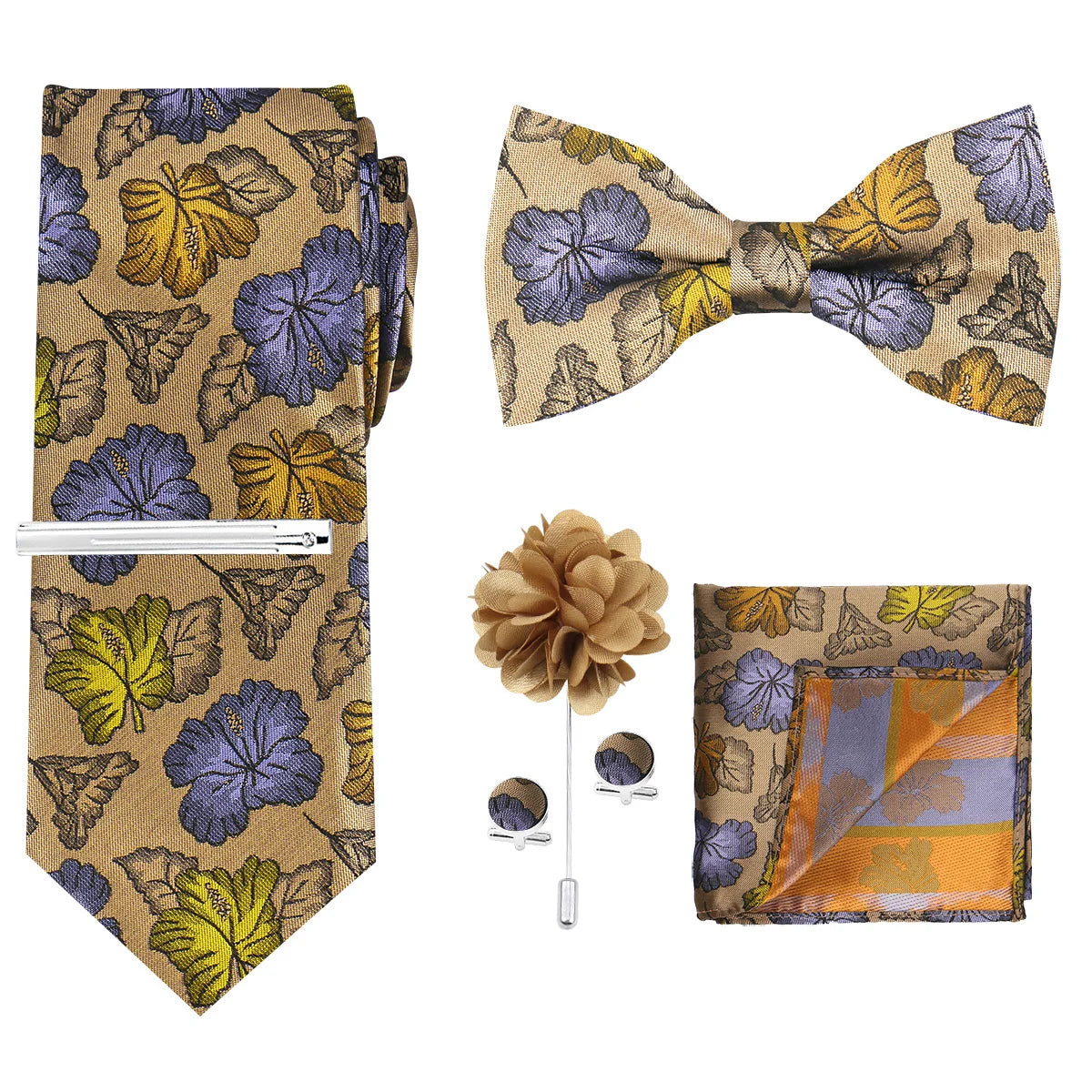 A set of men's formal tie and accessory featuring a patterned silk tie, bow tie, and pocket square.