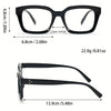 Black classic square reading glasses shown with dimensions and weight.