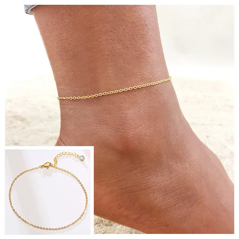 Gold stainless steel snake chain anklet worn on a woman's ankle and shown separately.