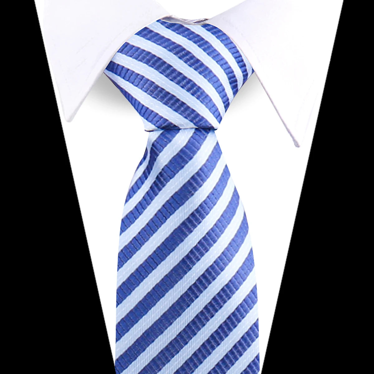 Blue and white striped silk necktie worn under a white dress shirt.