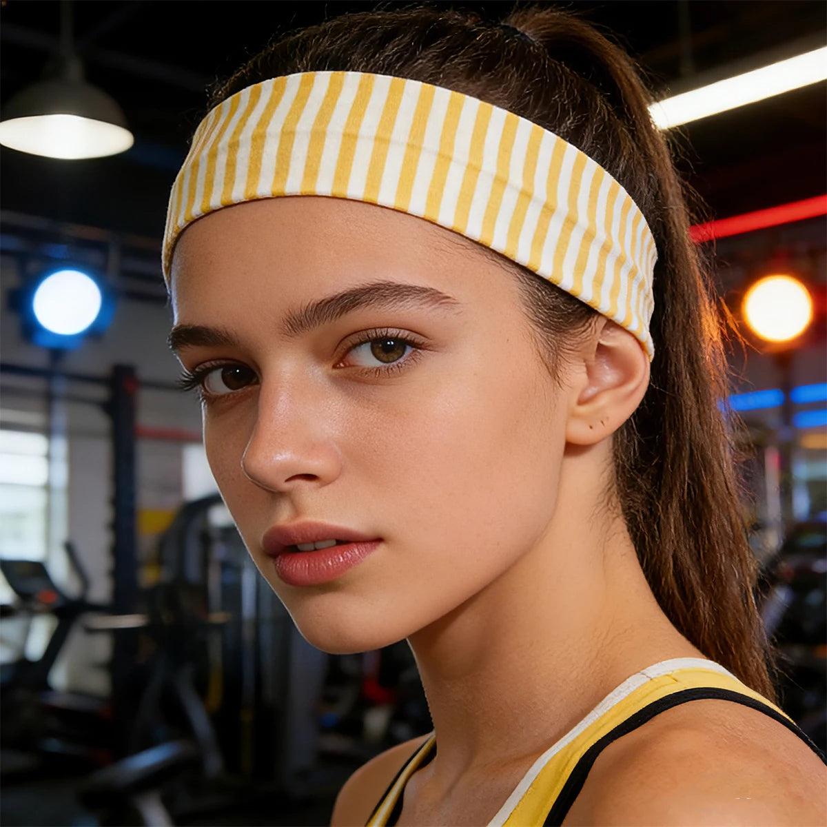Gros plan d'une femme portant un élastique pour les cheveux rayé jaune et blanc sur la tête.