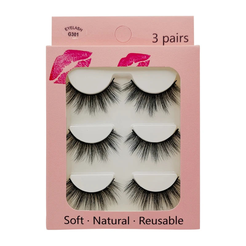 A pink cosmetic box containing three pairs of soft natural reusable mink strip eyelashes.