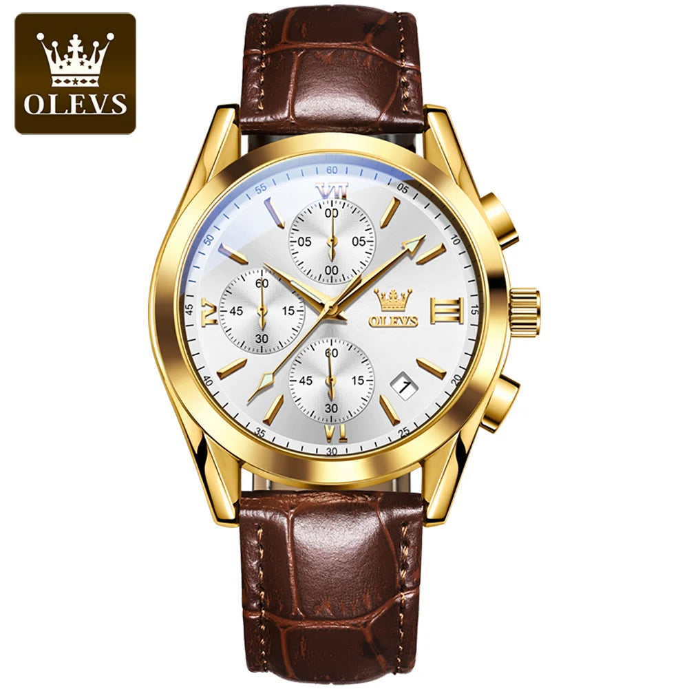A gold-toned chronograph wristwatch with a white dial and brown leather strap.