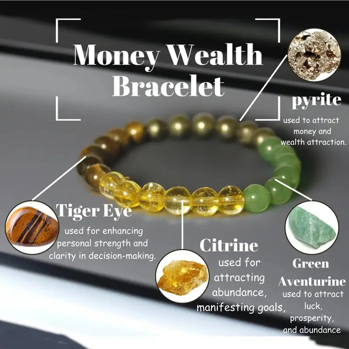 A bracelet featuring pyrite, tiger's eye, citrine, and green aventurine beads used for wealth and luck.