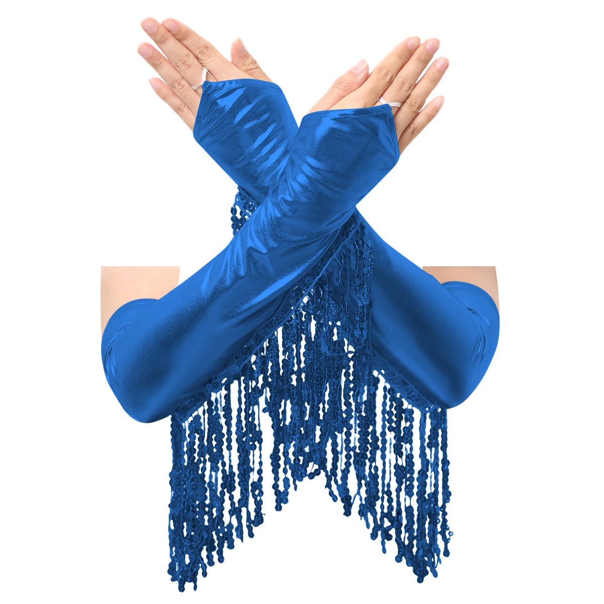 Ein Paar königsblaue, paillettenbesetzte, metallische Tassel-Partyhandschuhe in einem X-förmigen Kreuz.