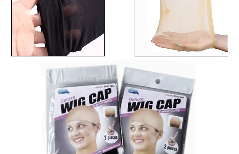 Packaged Deluxe Wig Cap hair net for styling and accessories shown in a clear plastic bag.