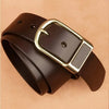 A dark brown men's coboy style PU leather belt with a brass buckle shown on a light background.