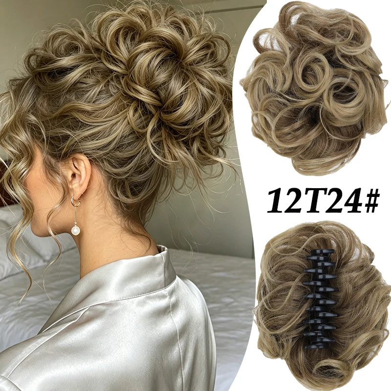 A close-up of a woman's hair styled in a voluminous curly messy bun with loose curls, shown alongside a separate display of t