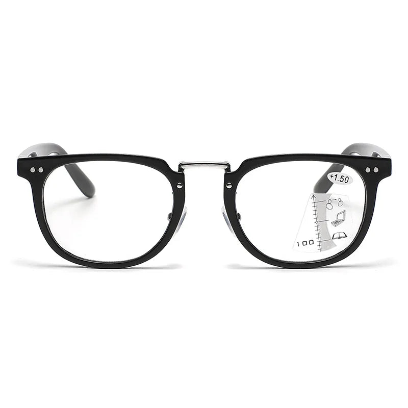 A pair of black multifocal reading glasses with a clear lens and a visible plus 1.50 diopter marking.