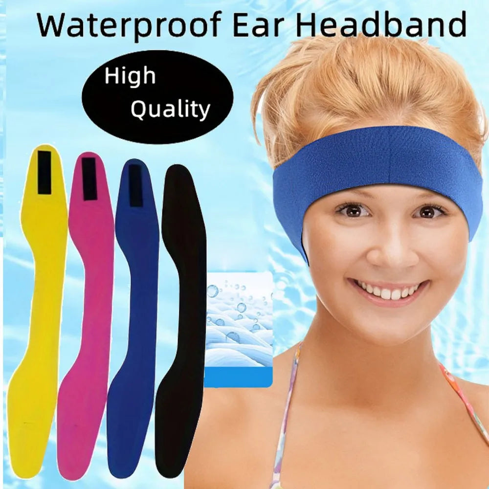 A woman is wearing a blue waterproof ear headband while various colored silicone earbands are displayed.