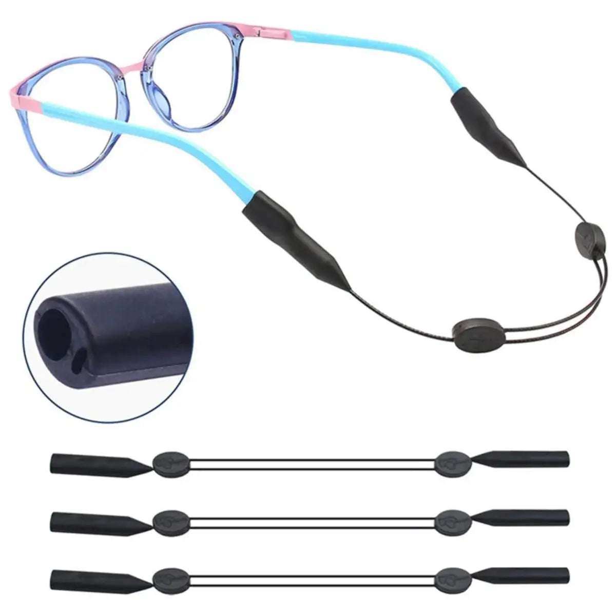 A set of adjustable anti-slip eyeglass retainer straps in various colors and lengths.