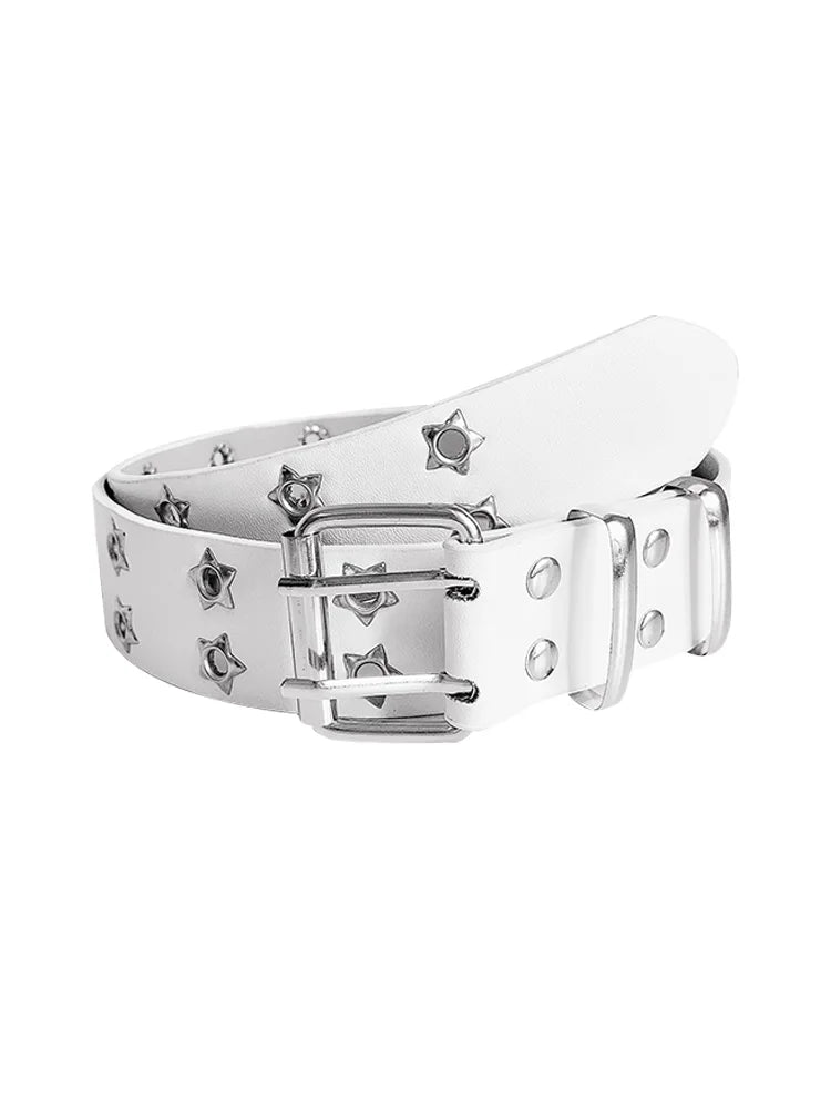 A white leather belt with silver studs and a silver buckle.